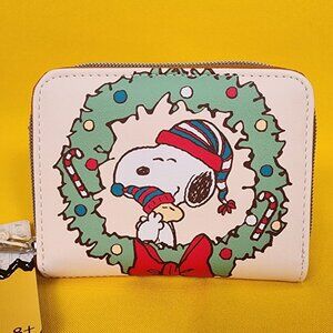 Loungefly Peanuts Snoopy Woodstock Christmas Wreath Zip Around Wallet NEW